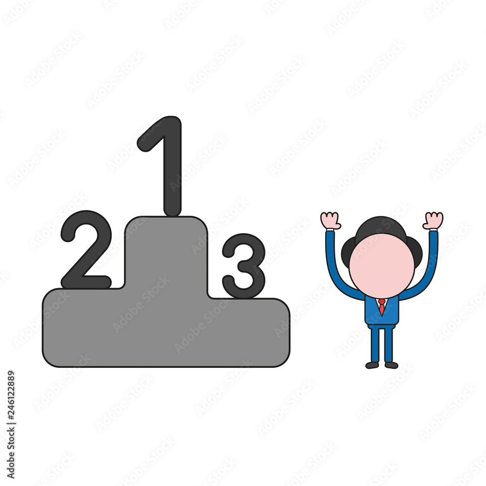 Obraz premium Vector businessman character with first, second and third places on winners podium. Color and black outlines.
