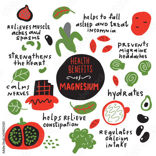 Magnesium health benefits.Illustration of magbesium rich foods and its benefits. Vector.