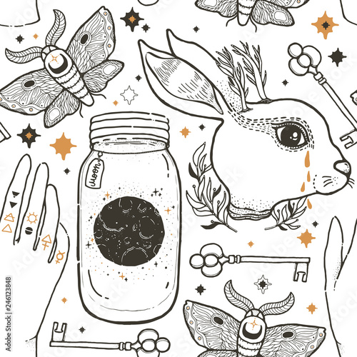 Sketch vector graphic seamless pattern illustration with mystic and occult hand drawn symbols. Magic and esoteric concept. Vintage element freemasonry.