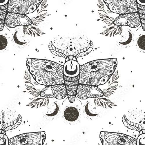 Vector seamless pattern with moth butterfly.Hand-draw illustration. Design tattoo art. With mystic and occult hand drawn symbols.