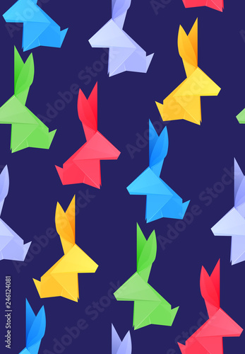 Seamless pattern with multicolored paper origami rabbits. Paper Zoo. Vector texture with hares for wrapping, textile and for your creativity