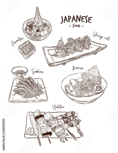 Set of Japanese food, Hand draw sketch vector.
