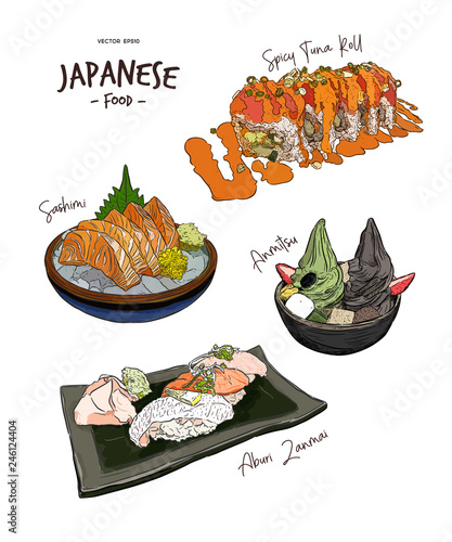 Set of Japanese food, Hand draw sketch vector.