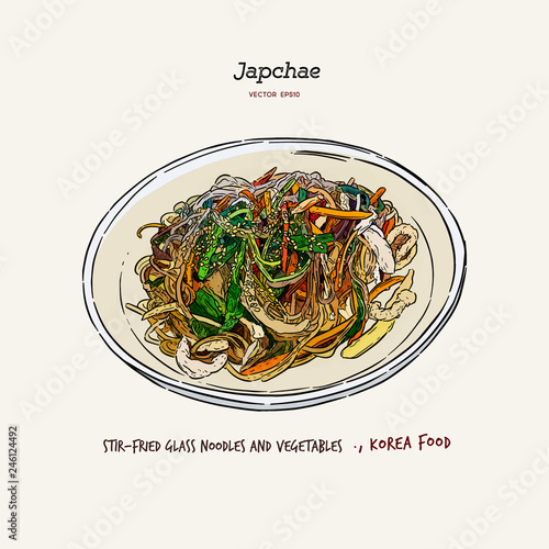 Japchae, Korea Food. Hand draw sketch vector.