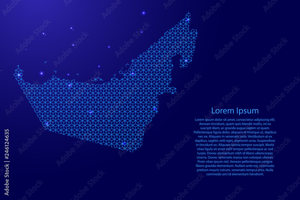 United Arab Emirates map abstract schematic from blue lines repeating pattern geometric background with rhombus and nodes with space stars for banner, poster, greeting card. Vector illustration.