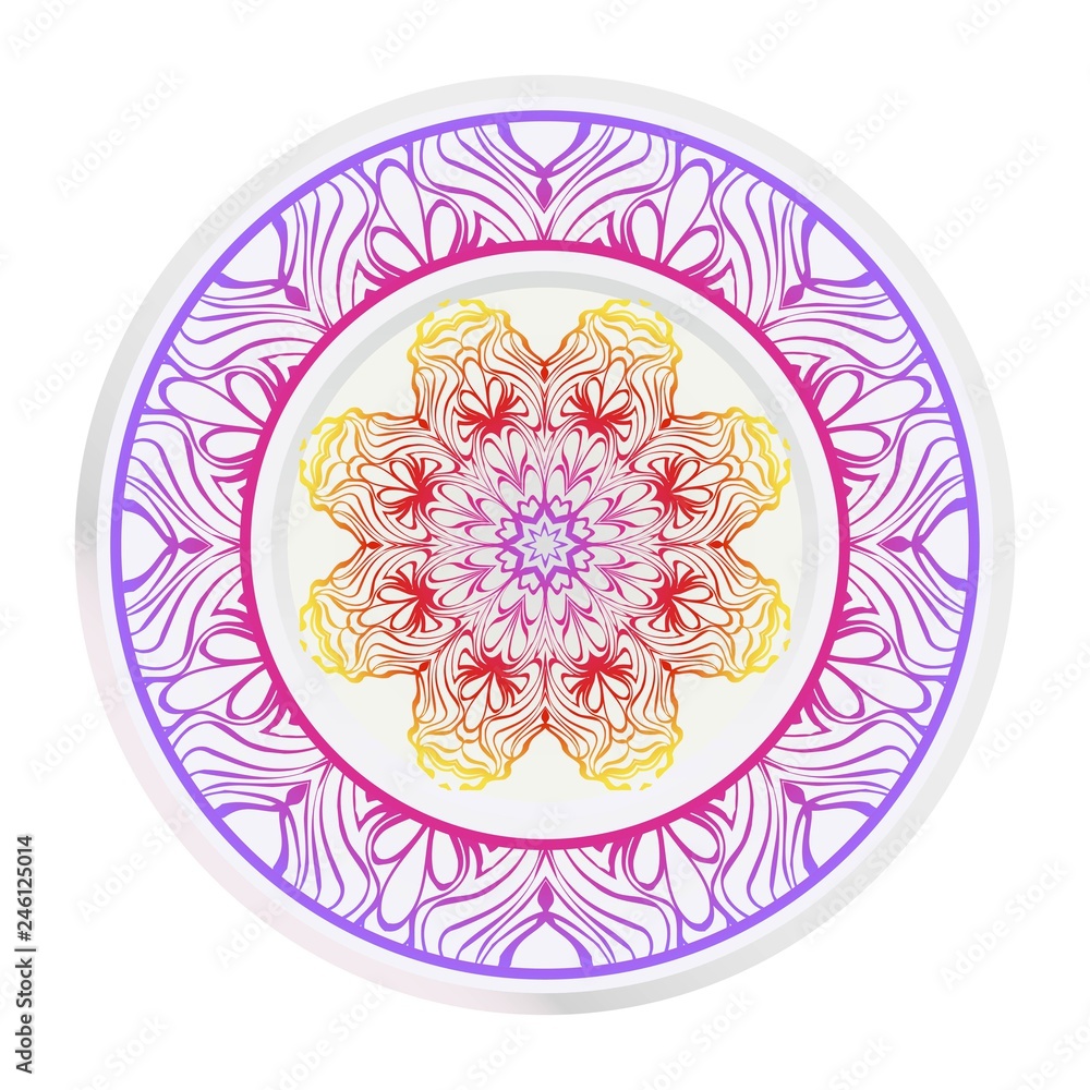Mandala floral ornament. Decorative plates with Mandala ornament patterns. Home decor background. Vector illustration. Purple, yellow color