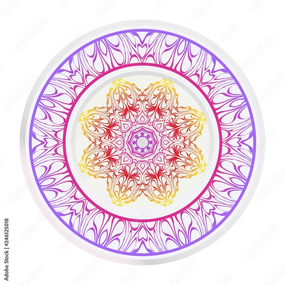 Mandala floral ornament. Decorative plates with Mandala ornament patterns. Home decor background. Vector illustration. Purple, yellow color