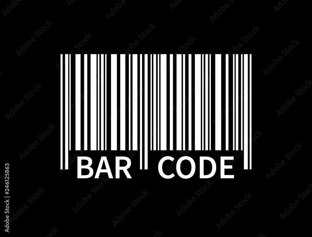 Bar code isolated on black background. White tracking barcode with text. Label information. Product mark. Vector illustration Bar code isolated on black background. White tracking barcode with text. Label information. Product mark. Vector illustration