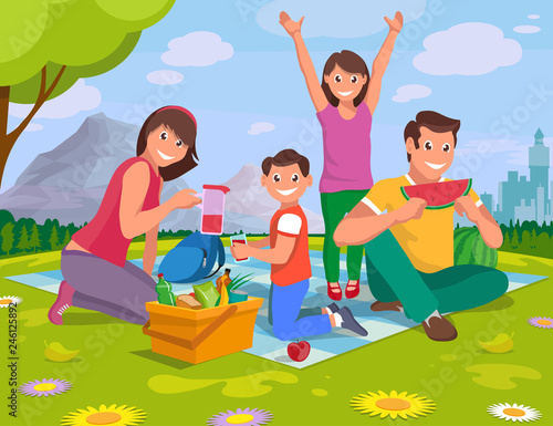 happy family on a picnic in nature outside the city, vector graphics to design