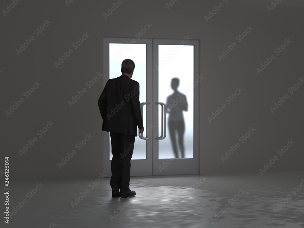man and woman are on different sides of the glass door