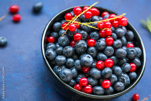 Bowl of healthy organic berries with blueberries and red currants