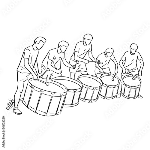 five teenagers playing marching drum vector illustration sketch doodle hand drawn with black lines isolated on white background. Teamwork concept.