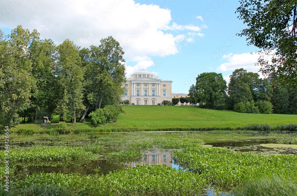 Palace and facade pond in August. Pavlovsky Park. The city of Pavlovsk. 