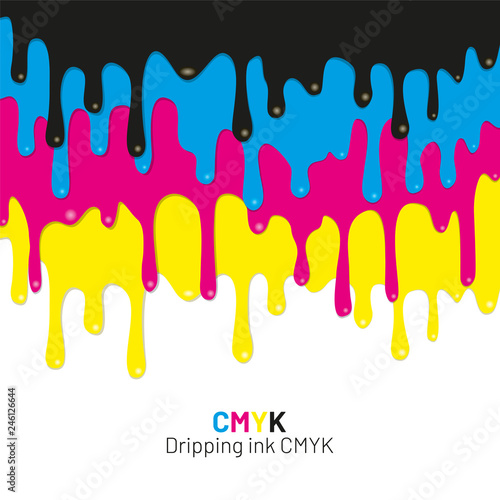 Dripping ink CMYK stain. Liquid ink, paint drip. Vector illustration.