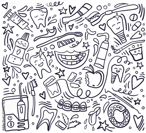 Dental care seamless pattern with handdrawn elements. Stomatology theme.