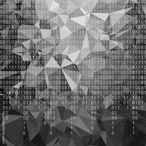 Digital technology polygon wallpaper with falling binary code. Background  composed of triangles. Vector graphic illustration.