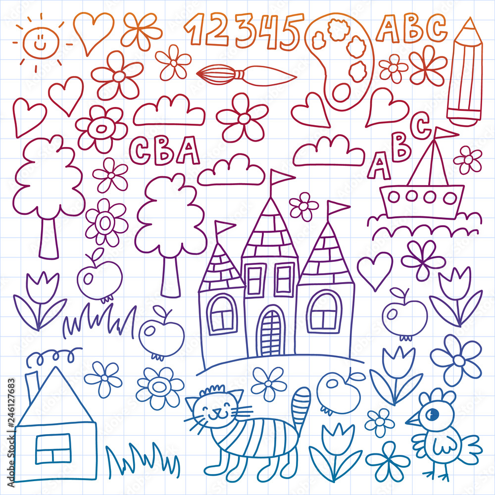 Kindergarten pattern, drawn kids garden elements pattern, doodle drawing, vector illustration, colorful, white, gradient, care