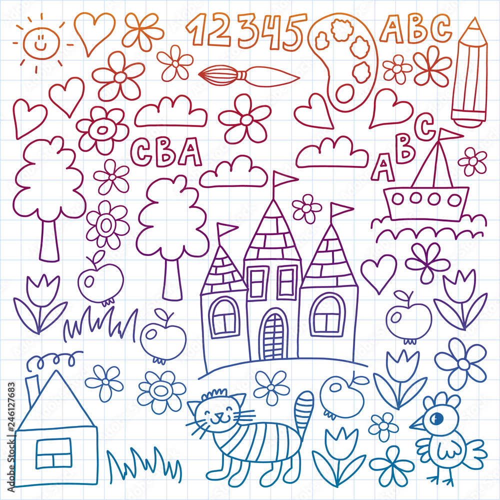 Kindergarten pattern, drawn kids garden elements pattern, doodle drawing, vector illustration, colorful, white, gradient, care Kindergarten pattern, drawn kids garden elements pattern, doodle drawing, vector illustration, colorful, white, gradient, care