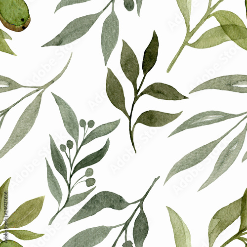 Seamless pattern with elements of plants. Watercolour illustration of hand painted. Cute design for wallpaper, textile, fabric, wrapping paper, background. 