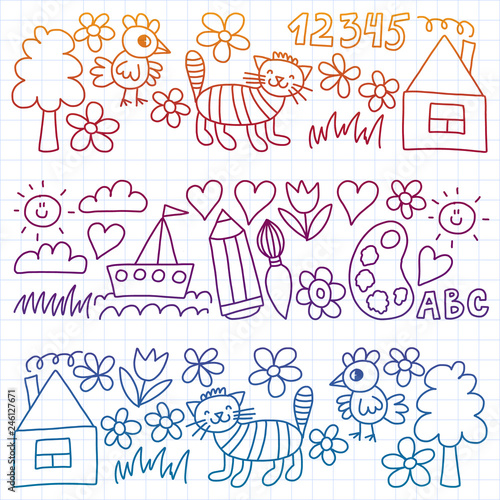 Kindergarten pattern, drawn kids garden elements pattern, doodle drawing, vector illustration, colorful, white, gradient, care