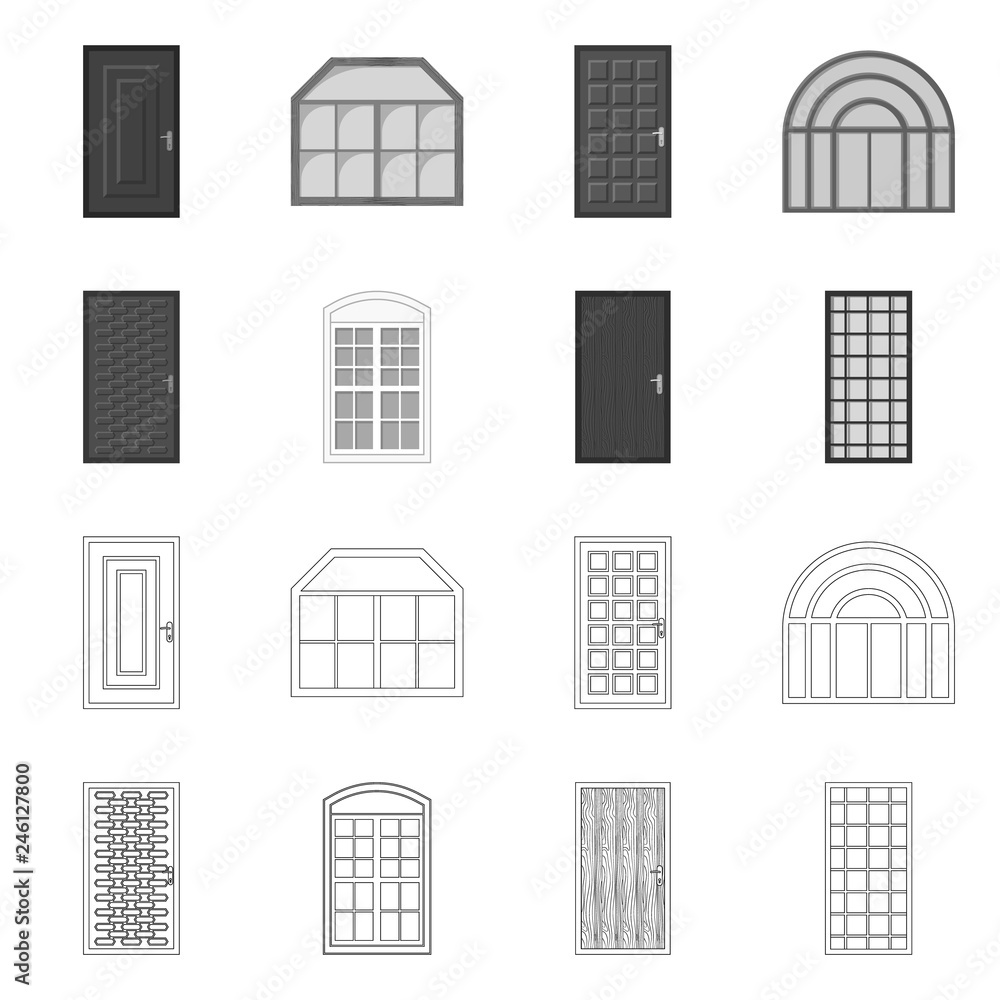 Isolated object of door and front sign. Collection of door and wooden vector icon for stock.