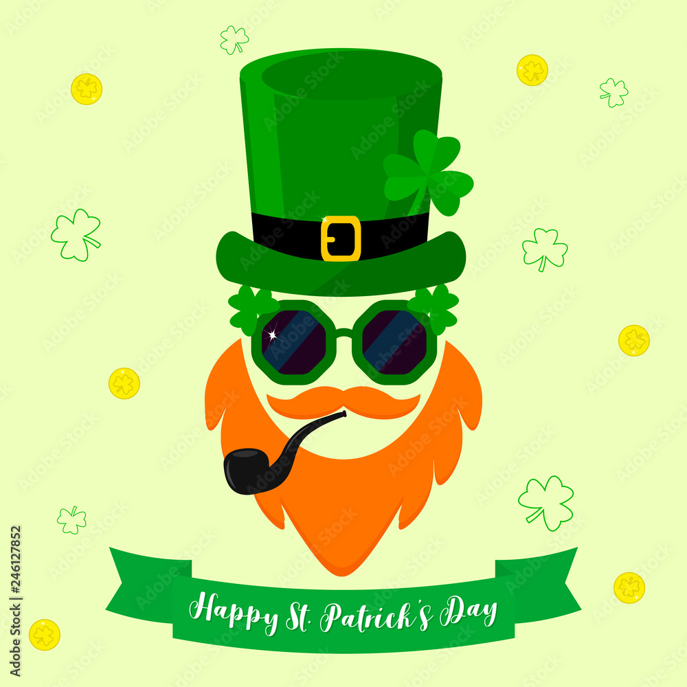 Vector modern flat design icon for St. Patricks Day. Leprechaun character with green hat with clover, dark glasses, red beard, smoking pipe and without a face