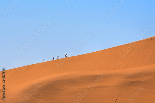 climbing on a red dune in Namibia