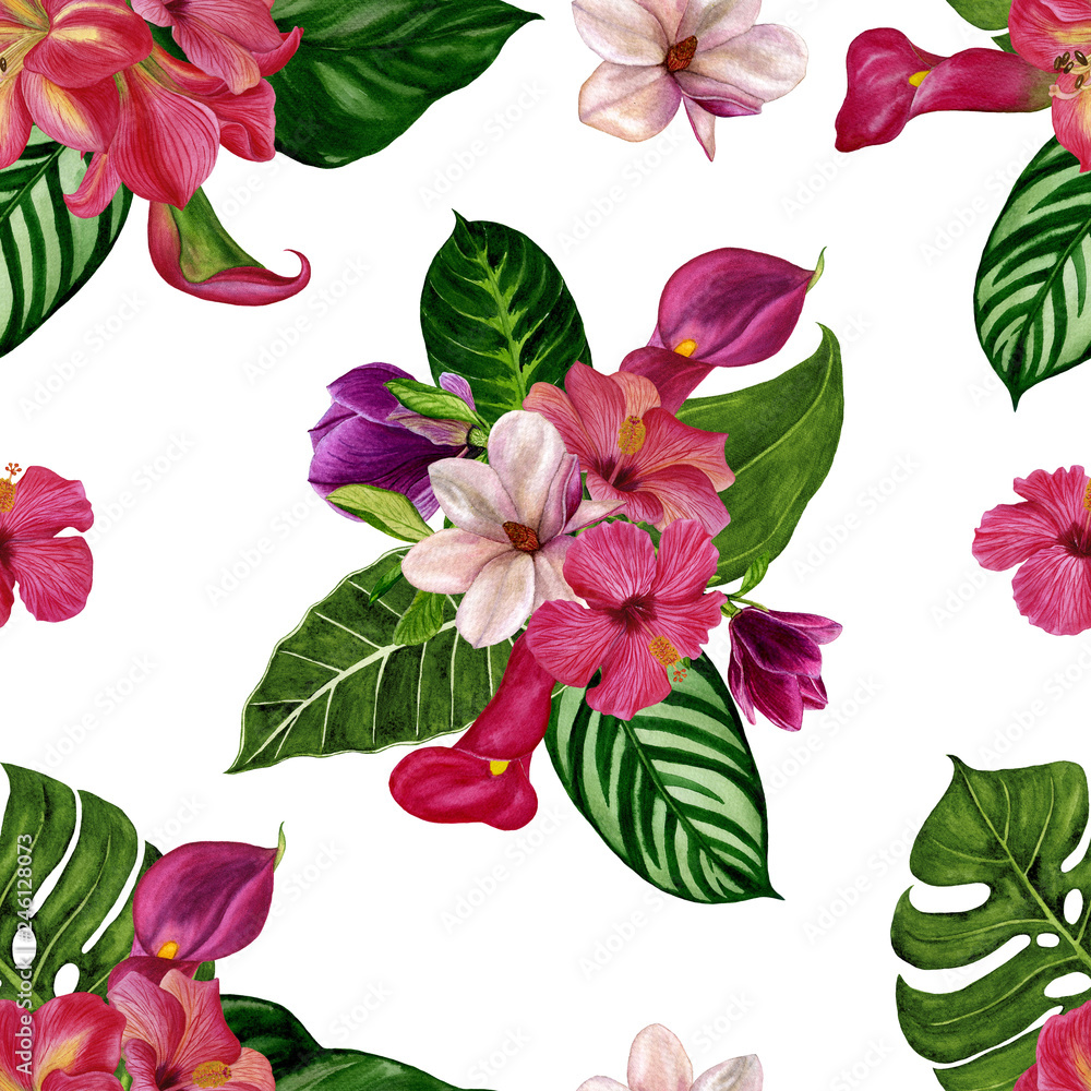 Watercolour illustration hand painted. Seamless tropical pattern with exotic flowers. Perfect for textiles, wrapping paper, wallpaper, backgrounds, etc. Watercolour illustration hand painted. Seamless tropical pattern with exotic flowers. Perfect for textiles, wrapping paper, wallpaper, backgrounds, etc.
