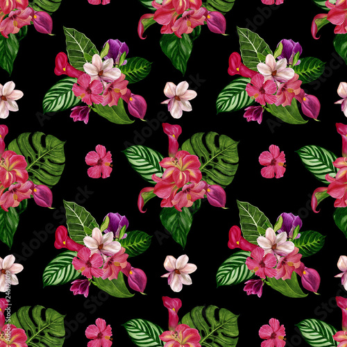 Seamless tropical pattern with exotic flowers. Watercolor painting illustration of a tropical background.