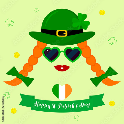 Vector modern flat design icon for St. Patricks Day. Girl leprechaun character with a green hat with a clover, dark glasses in the shape of a heart, red lips, red pigtails and without a face