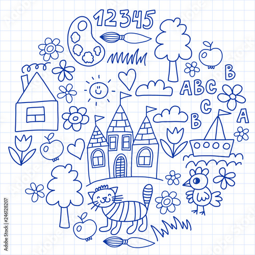 Kindergarten pattern, drawn kids garden elements pattern, doodle drawing, vector illustration, monochrome, black, blue