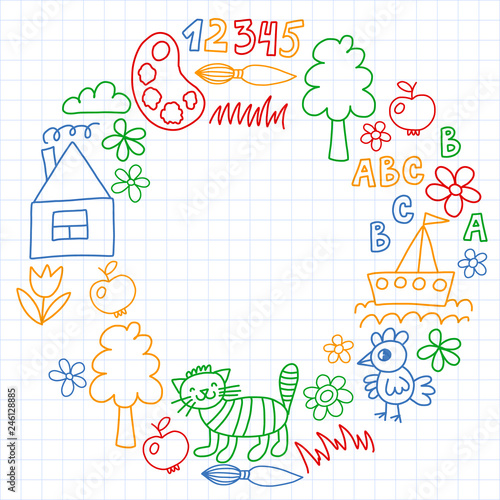 Kindergarten pattern, drawn kids garden elements pattern, doodle drawing, vector illustration, colorful.