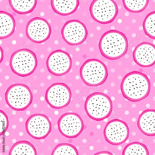 Pitaya pitahaya round pieces. Seamless pattern. Vector illustration isolated on pink texture