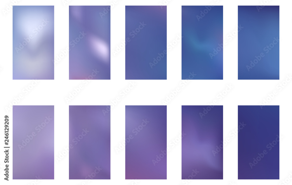 Set of blurred nature dark purple violet pink and blue backgrounds. Smooth banner template. Easy editable soft colored vector illustration. Ecology concept for your graphic design.