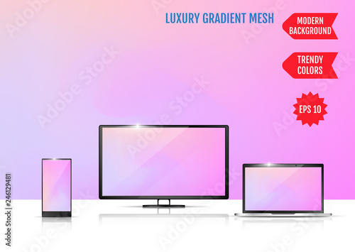 Modern abstract background. Colors transition concept. Gradient mesh. Trendy colored Surface. An example of the use of the proposed background on the screen of a laptop, smartphone and TV