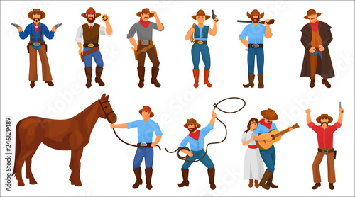 Set of character cowboy sheriff men and woman from western.