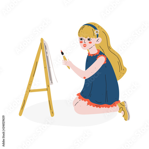 Girl Painting Picture on Easel, Hobby, Education, Creative Child Development Vector Illustration