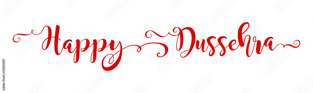 Creative text Happy Dussehra with brush calligraphy vector banner red colour. The inscription can be used web poster, card, flyer design for celebration Indian festival. Isolated vector illustration Creative text Happy Dussehra with brush calligraphy vector banner red colour. The inscription can be used web poster, card, flyer design for celebration Indian festival. Isolated vector illustration