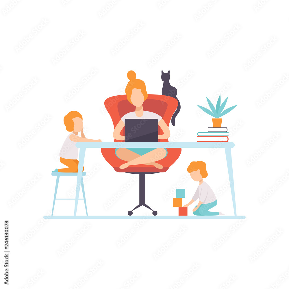 Young Mother Sitting at Desk and Working on Laptop Computer, Her Sons Playing Next to Her, Freelancer, Parent Working with Children, Mommy Businesswoman Vector Illustration