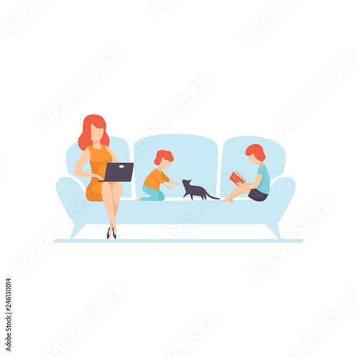 Mother Sitting on Sofa and Working on Laptop Computer, Her Kids Sitting Next to Her, Freelancer, Parent Working with Child, Mommy Businesswoman Vector Illustration