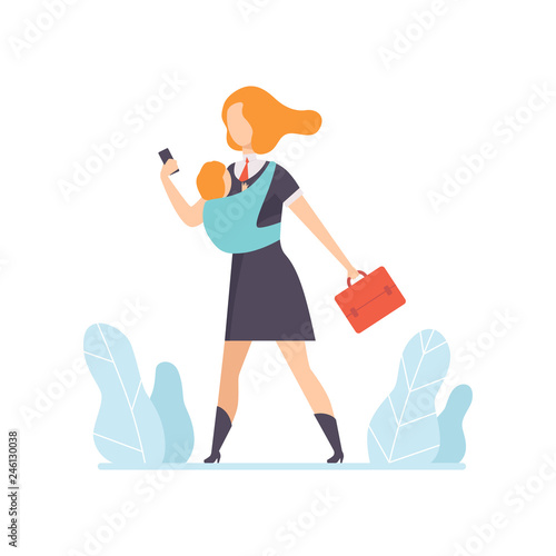 Young Mom in Business Clothes Going to Work with a Small Baby in Sling, Freelancer, Parent Working with Child, Mommy Businesswoman Vector Illustration