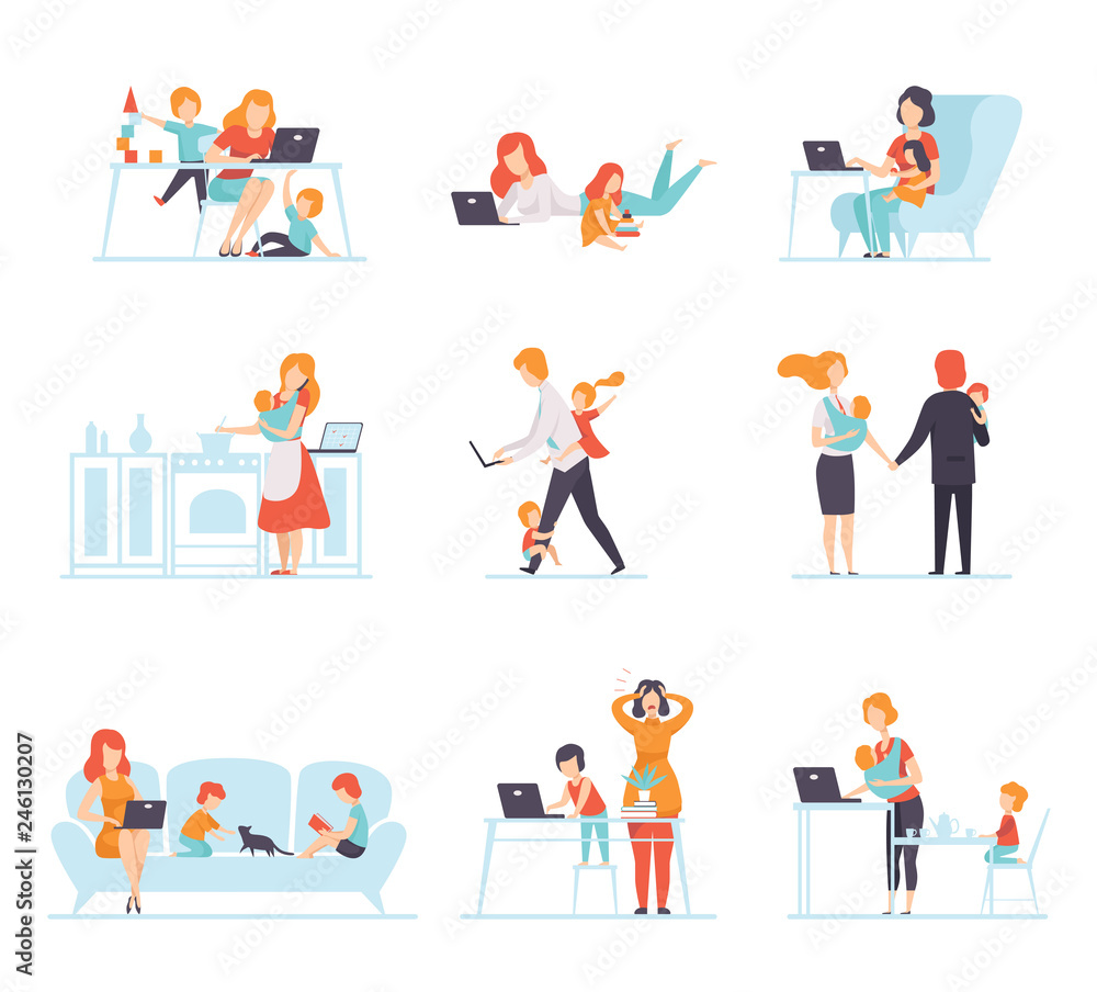 Collection of Parents Working with Their Children While Their Playing Next to Them, Mothers and Fathers Working with Children, Businesspeople Vector Illustration