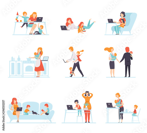 Collection of Parents Working with Their Children While Their Playing Next to Them, Mothers and Fathers Working with Children, Businesspeople Vector Illustration