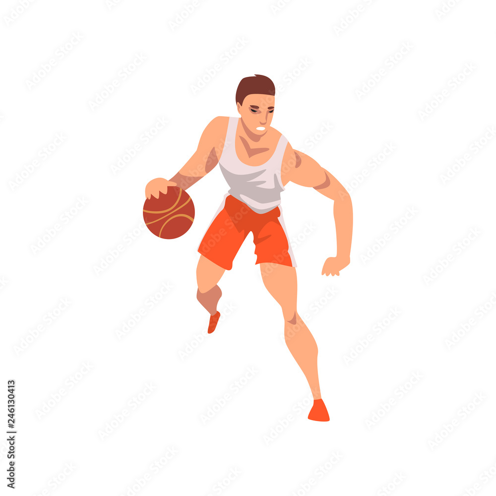 basketball Player Running with Ball, Male Athlete Character in Sports Uniform, Active Sport Healthy Lifestyle Vector Illustration