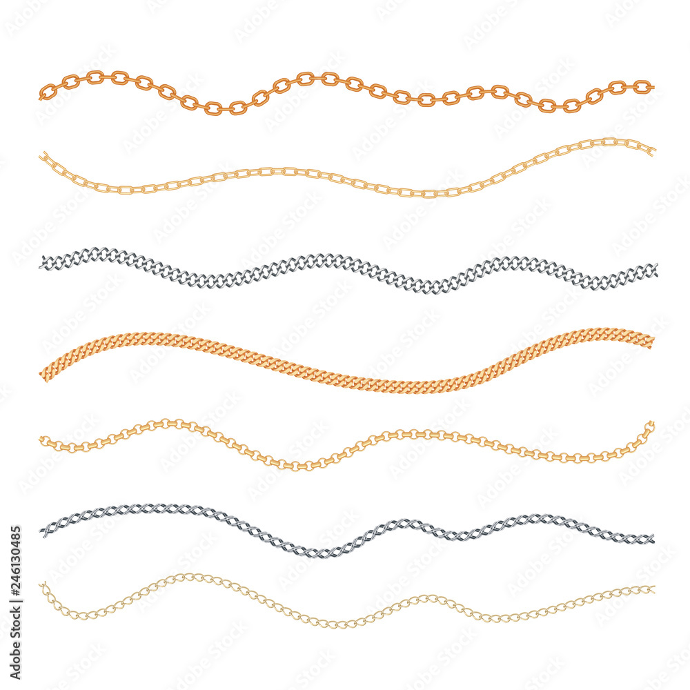Fashion golden and silver chain set isolated on white. Fashion golden and silver chain set isolated on white.