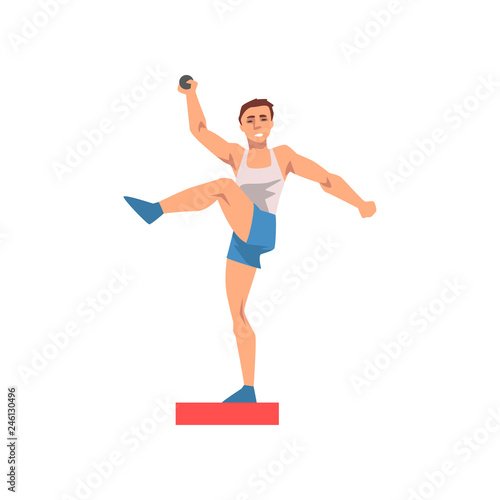Shot Putter Male Athlete Character in Sports Uniform, Active Sport Healthy Lifestyle Vector Illustration