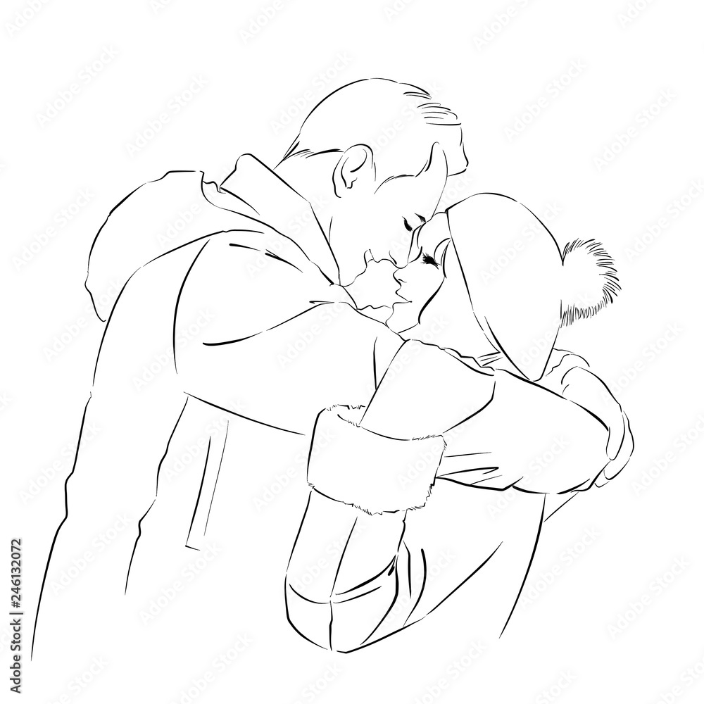 Fototapeta line art of a romantic couple illustration in winter outfit