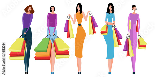 Collection of people carrying shopping bags with purchases. 