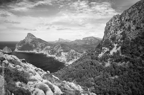 Black and white picture of Cap de Formentor, Mallorca, Spain.