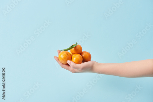 cropped view of woman holding organic tangerines in hand isolated on blue